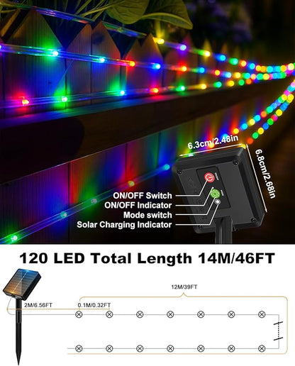 btfarm 2 Pack Solar Rope Lights Outdoor, 120LED 46FT Solar String Lights Outside Waterproof, 8 Lighting Modes Tree Tube Fairy Light Solar Powered for Garden Christmas Yard Party Decoration, Multicolor