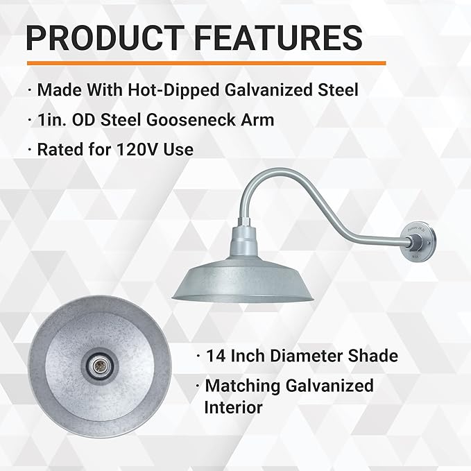 14in. Galvanized Finish Outdoor Gooseneck Barn Light Fixture with 22in. Long Extension Arm - Wall Sconce Farmhouse | Lumora