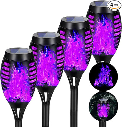 Solar Lights Outdoor Halloween Decorations, Upgraded 4 Pack Purple Solar Torch Lights with Flickering Flame, Waterproof Halloween Lights Outdoor, Tiki Torches for Outside Patio Pathway Decor