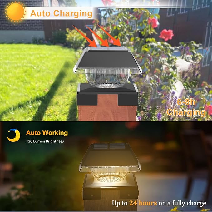 4x4 Solar Post Cap Lights with 2 Lighting Modes, 6 Packs Outdoor Post Light Solar Powered Waterproof IP65, Fence Deck Lights for 4×4 Wood/Vinyl Posts,Black
