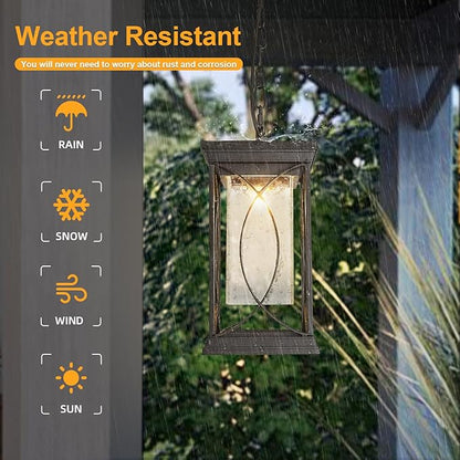 Motion Outdoor Pendant Light Fixtures Dusk to Dawn Exterior Ceiling Hanging Lantern for Porch, Modern Black Outside Chandelier Light with Crack Glass for Front Door Porch Gazebo Foyer Entryway