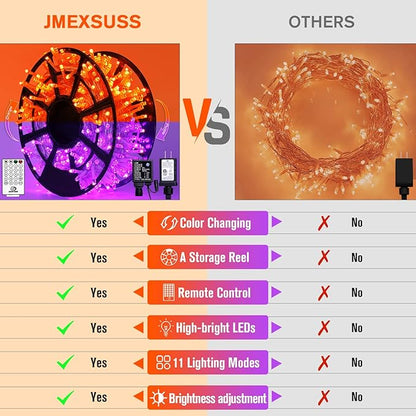 JMEXSUSS Halloween Lights, 8 Modes Waterproof Orange and Purple Light Outdoor Plug in, Clear Wire Halloween String Lights Indoor Bedroom 500 LED Orange and Purple 163 FT
