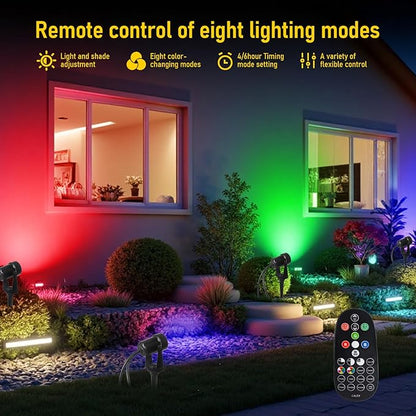 Solar Powered Landscape Spotlights, 4-Pack with Remote Control, Black, IP65 Waterproof, 270° Adjustable Head, RGBW, 150LM, 3000K, Outdoor Garden Path Lights with 3W Solar Panel