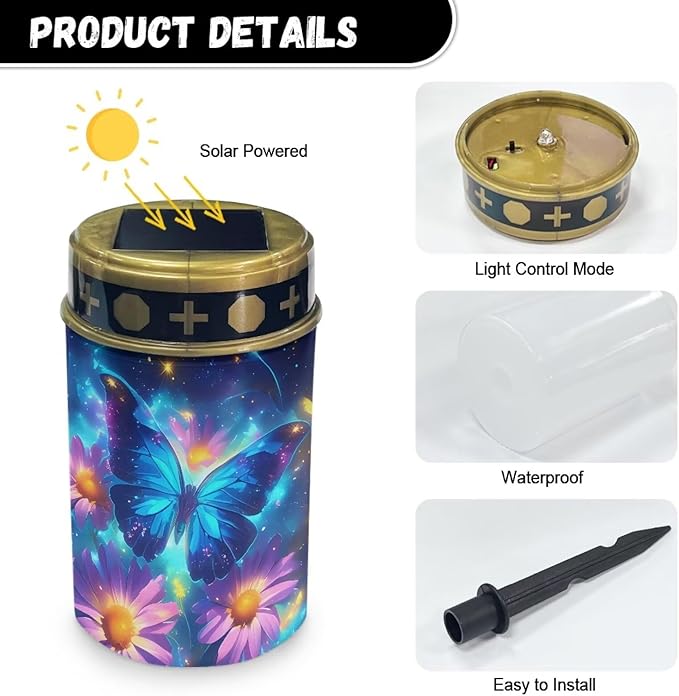 Solar Lights Outdoor Garden, Blue Butterfly Pink Flower Waterproof Solar Powered Stake Lights,Gifts for Grave Dad Grandma Garden Yard Gravesite Decorations