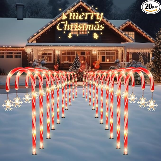 Solar Christmas Lights Outdoor Decorations, 20 Pack Solar Christmas Candy Cane Lights with Snowflake, Outdoor Waterproof Pathway Lights for Patio, Garden, Yard, Street, Park, Holiday