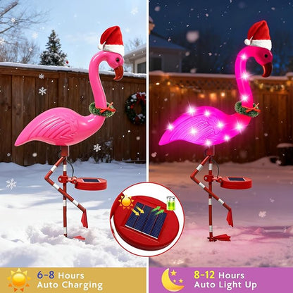 Solar Garden Lights Christmas Decor, 2Packs Solar Flamingo Light Outdoor Waterproof, Xmas Birthday Gifts for Women Mom, Pink Flamingo Garden Statue Decor for Yard Lawn Walkway Pathway Patio Porch