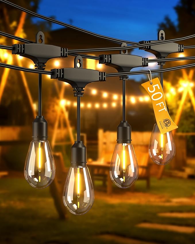Outdoor String Lights 48 ft, LED Patio Lights with 16（15+1 Spare S14 Shatterproof Bulbs, IP 65 Waterproof, Outside Hanging Light for Cafe Bistro Backyard