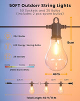 Outdoor String Lights, 50FT LED Patio Lights with 25+2 A45 Vintage Edison Shatterproof Bulbs, Waterproof | Lumora