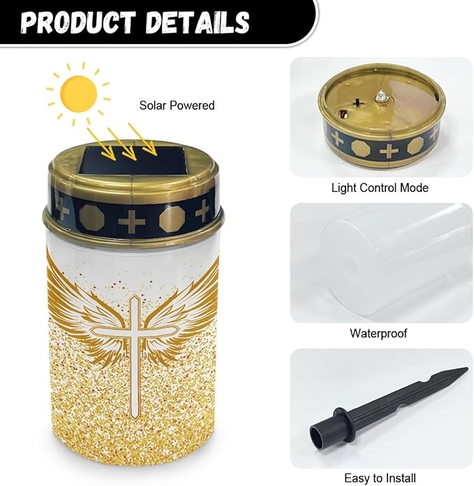 Angel Wing Cemetery Solar Lights for Grave Cross Outdoor Waterproof Cemetery Landscape Lights Solar Powered Solar Garden Stake Lights for Yard Garden, Gold
