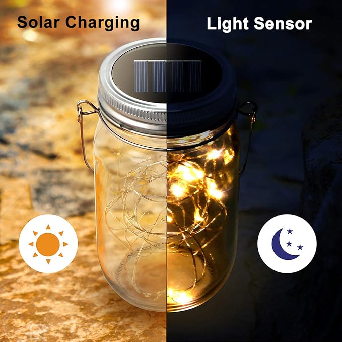 Urvoix Solar Mason Jar Lights - 6 Pack 30 Led Waterproof Jar Lids String Lights with 6 Handle, Perfect for Outdoor | Lumora