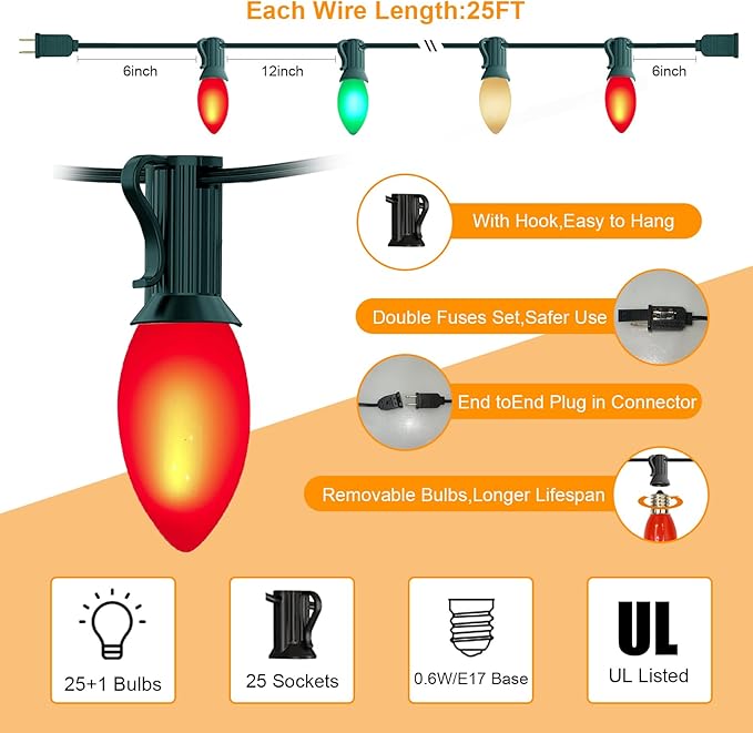 Abeja C9 LED Christmas Lights Outdoor, 25 Ft C9 Vintage String Lights with 26 Shatterproof Multicolor LED Bulbs | Lumora