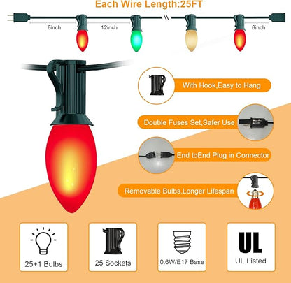 Abeja C9 LED Christmas Lights Outdoor, 25 Ft C9 Vintage String Lights with 26 Shatterproof Multicolor LED Bulbs, Connectable Multicolor Lights for Holiday Party Roofline Garden Patio, Red/Green/White