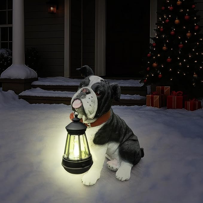Outdoor English Bulldog Dog Statue with Interchangeable Welcome Sign and Detachable Solar Lantern –LED Light Garden Dog Sculpture Décor, Cute Puppy Design for Yard, Porch, Gift