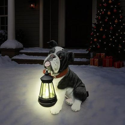 Outdoor English Bulldog Dog Statue with Interchangeable Welcome Sign and Detachable Solar Lantern –LED Light Garden Dog Sculpture Décor, Cute Puppy Design for Yard, Porch, Gift