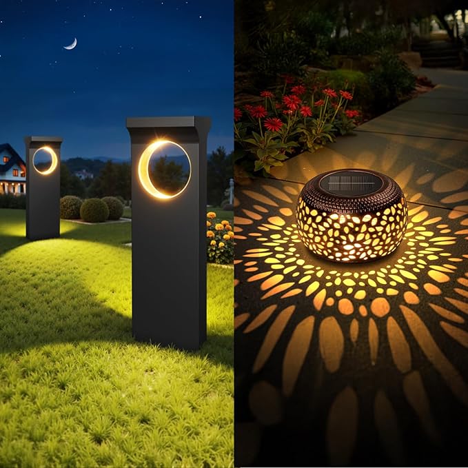 Moon Pattern Solar Pathway Lights and Copper Lantern Outdoor Waterproof