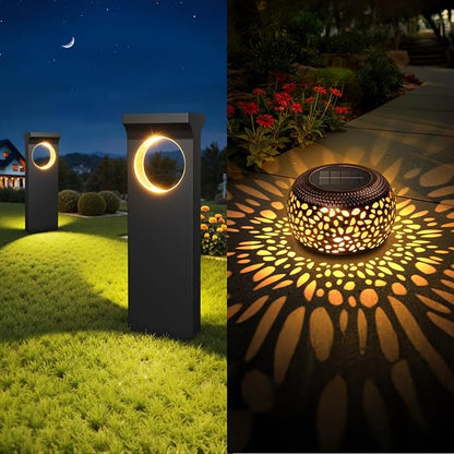 Moon Pattern Solar Pathway Lights and Copper Lantern Outdoor Waterproof