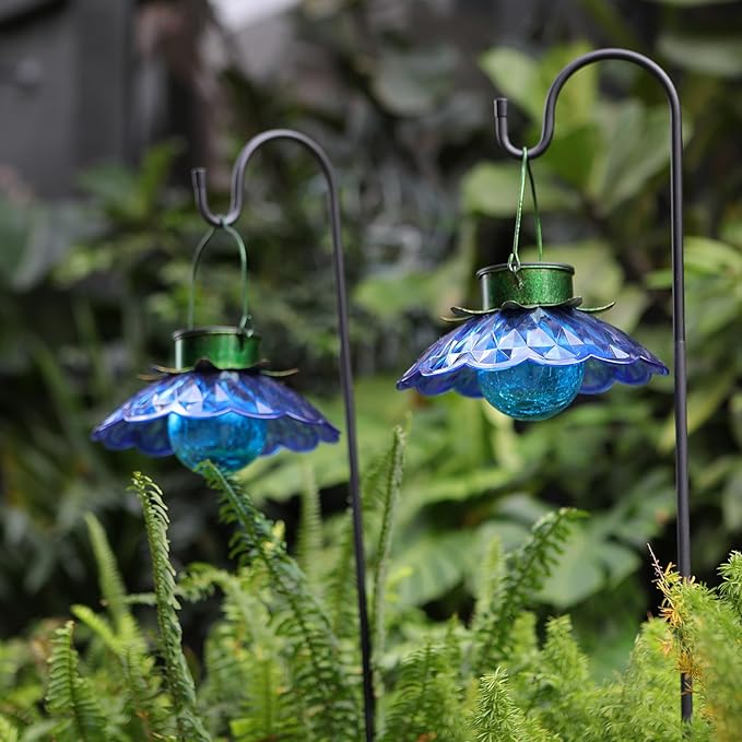 XUWEN Solar Lights Outdoor Waterproof - Blue Solar Flower Lights with Crackle Globe Glass Light, Hanging Lanterns | Lumora