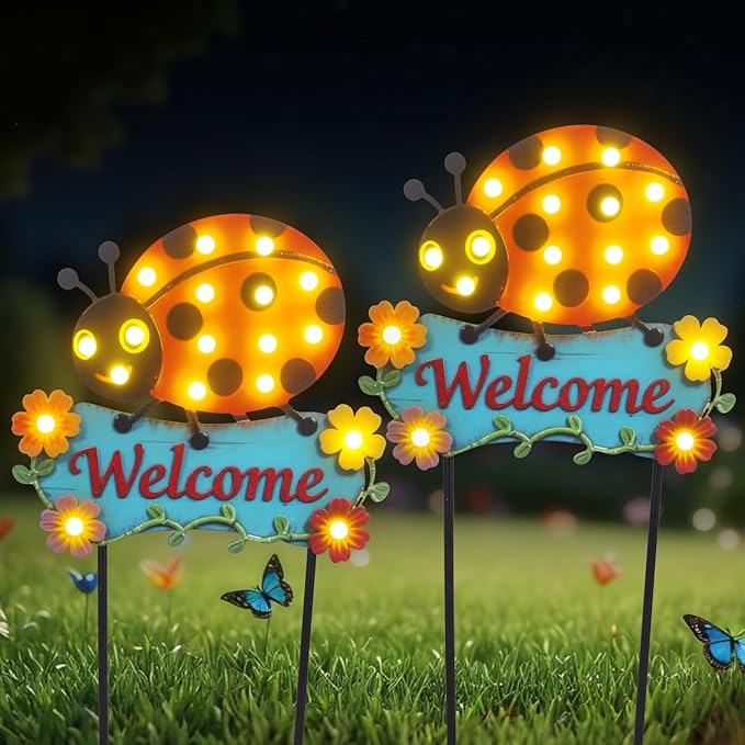 Garden Stakes Decorative 43.3inch with Large Metal Welcome Sign, Solar Pathway Lights Outdoor Waterproof with 18 | Lumora