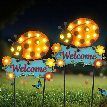 Garden Stakes Decorative 43.3inch with Large Metal Welcome Sign, Solar Pathway Lights Outdoor Waterproof with 18 String Bulbs for Spring and Summer Decor, Ladybug Lawn Ornaments