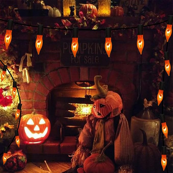 Christmas Flickering Orange String Lights Outdoor, 10Ft Flicker Flame Light 10 C7 Flame Bulb Lights, Outside Orange Light Plug in for Indoor Balcony Patio Party Christmas Halloween Decorations