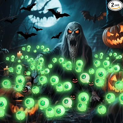 Solar Halloween Decorations Pathway Lights, 2 Packs 16 LED Green Halloween Eyeballs Waterproof Light, Swaying Scary Eye Firefly Outdoor Solar Lights for Yard Garden Lawn Path