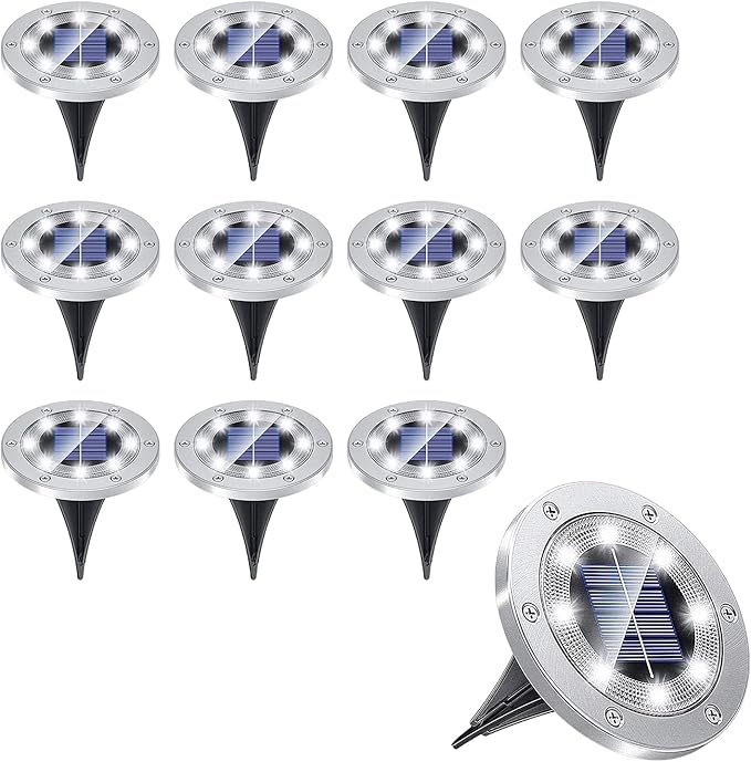 Solar Lights Garden Solar Ground Lights Solar Powered with 8 LED Solar Disk Lights for Pathway Yard Walkway Patio Lawn Path 12PCS