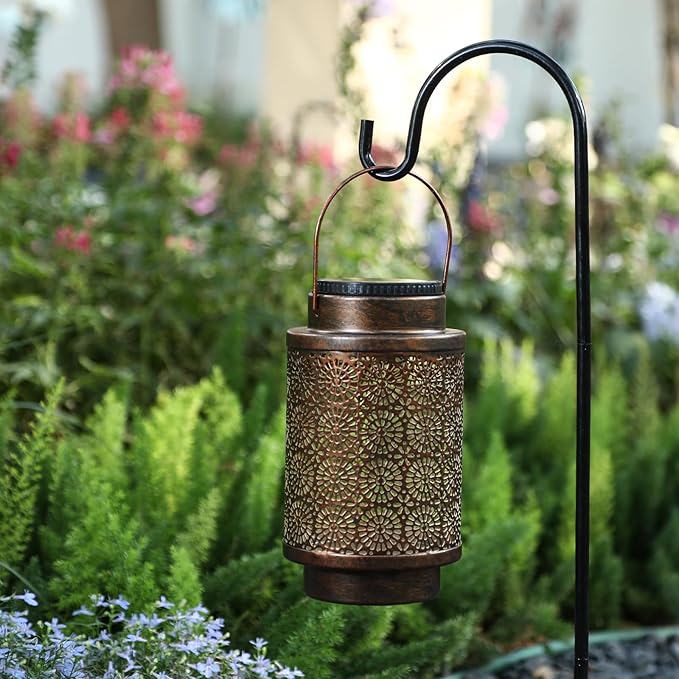 2 Pack Solar Lanterns, Outdoor Waterproof Hanging Led Lanterns, Metal Decorative Garden Lights, Solar Outdoor Lights Decor for Table Patio Yard Pathway, Bronze