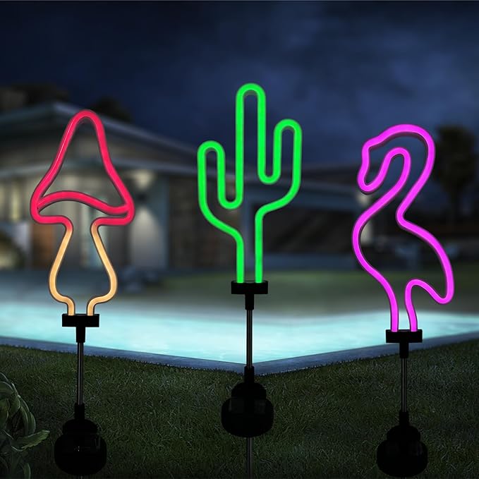 Solar Garden Lights Flamingo,Cactus and Mushroom Outdoor Waterproof Solar Neon Strip Lights for Landscape,Lawn,Yard,Patio,Pathway,Backyard,Pool Decoration