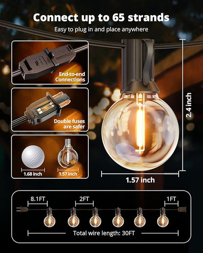 VIPAR Outdoor String Lights, 30FT 13 G40 Bulbs Patio Lights Outdoor Waterproof, Shatterproof Connectable LED Outside Hanging Light for Balcony, Backyard, Porch, Garden, Deck, Bistro, 2700K Dimmable
