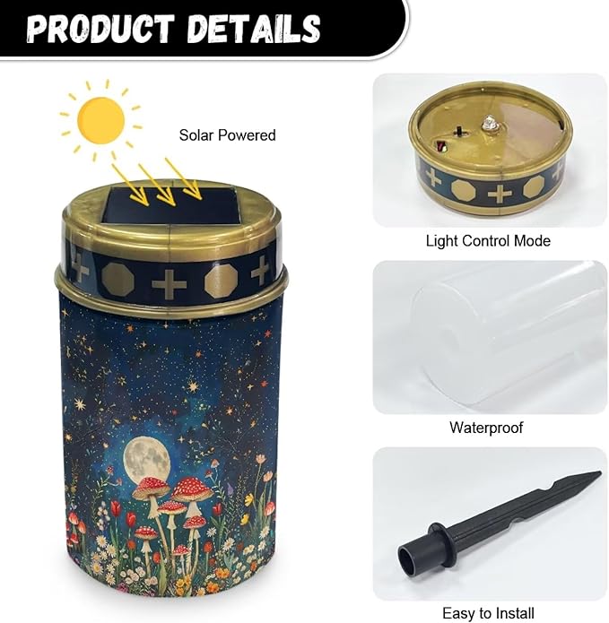 Mushroom Garden Solar Lights Automatic On/Off Solar Street Light Garden Light Stake Cylindrical Cemetery Solar Lights Outdoor Waterproof for Cemetery Graveyard Memorial
