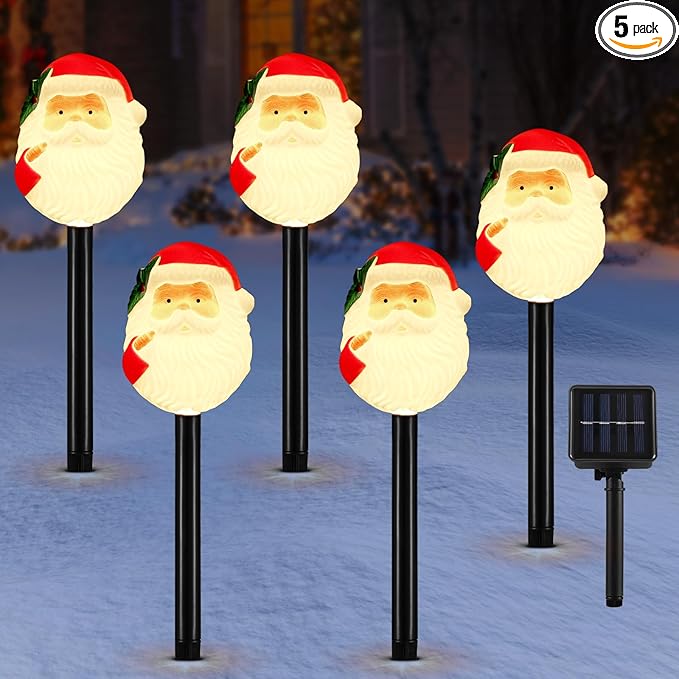 Lewondr Solar Christmas Pathway Lights, 5 PCS Solar Christmas Decorations Outdoor with 2 Lighting Modes, Santa Claus Lights with Garden Stake, Waterproof Garden Yard Lawn Patio Walkway Holiday Decor