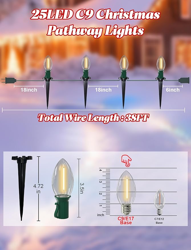 38FT C9 LED Christmas Pathway Lights,25 Warm White Connectable Weatherproof LED Christmas Walkway Lights with C9 Bulbs and Stakes for Driveway Yard Lawn Sidewalk Xmas Decoration