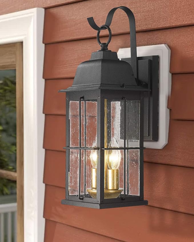 Zeyu Exterior Porch Light Fixtures, 17 inch Outdoor Wall Sconce for House in Black and Gold Finish with Seeded Glass Shade, 20071B2