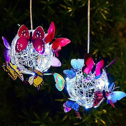 Solar Lighted Hanging Mesh Orb with LED Colorful Butterfly Roaming Light Solar Garden Patio Hanging Ball Home Outdoor Yard Ornament