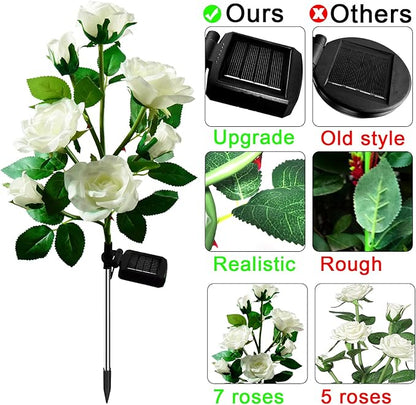 Upgraded 4 Pack White Outdoor Solar Powered 7 Rose Flowers Garden Stake Light, LED Solar Powered Light Decorative Flower Lamp, Waterproof Solar Decorative Light for Garden Yard Patio Pathway Light