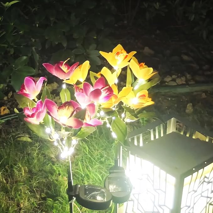 Solar Flower Lights, 2 Pack Solar Flowers with 14 Blooming Purple & Yellow Orchids, Waterproof Outdoor Decorative Lights for Garden, Yard, Patio, Pathway, Lawn, Flowerbed, Grave, Cemetery Decor