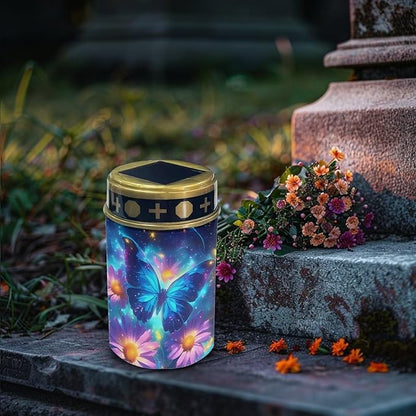 Solar Lights Outdoor Garden, Blue Butterfly Pink Flower Waterproof Solar Powered Stake Lights,Gifts for Grave Dad Grandma Garden Yard Gravesite Decorations