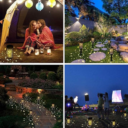 Ulalaza Solar Pathway Lights Iron Lantern Retro Hollow Ground Light LED Outdoor Waterproof Lighting Flame Lamp for Path Landscape Lawn Yard