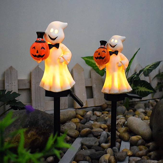 2pcs Ghost Solar Outdoor Lights, Halloween Ghost Solar Pathway Lights, Waterproof Outdoor Resin Figurine Lamp with Stake for Garden Patio Yard Pathway Decorative
