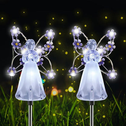 Solar Garden Lights, Fairy Angel Solar Powered Fairy Waterproof Light, 2pcs LED Outdoor Decorative Light, Pathway Lights for Cemetery Grave Memorial Garden Yard Lawn Sympathy Gifts (Purple - 2PCS)
