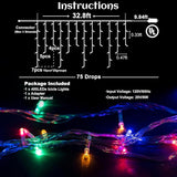 Icicle lights Outdoor - 33ft Christmas Lights with 400LED 75 Drops 8 Modes, Plug in Curtain String Lights | Lumora