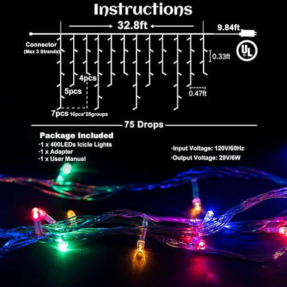 Icicle lights Outdoor - 33ft Christmas Lights with 400LED 75 Drops 8 Modes, Plug in Curtain String Lights Waterproof for Holiday Wedding Party Home Garden Bedroom Indoor Outdoor Decoration, Multicolor