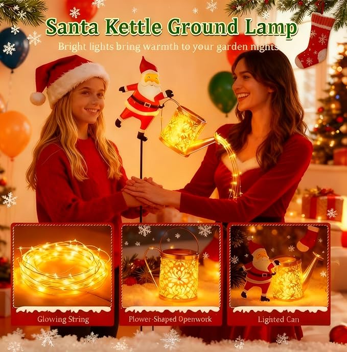 Christmas Solar Santa Kettle Lights - Colorful LED Outdoor Pathway Decor, Solar-Powered Yard Patio Ground Lamp (1PC Warm White)