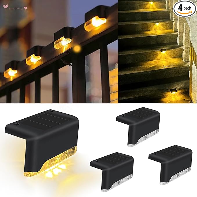 Solar Fence Deck Lights Outdoor Waterproof 4 Pack, LED Solar Fence Lights for Step, Outside Stairs, Yard, Patio, Pathway, Backyard (Warm White)