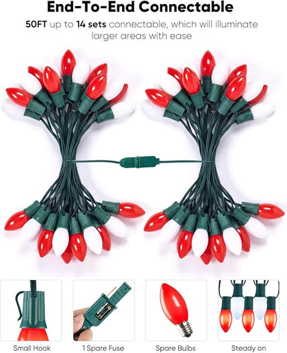 Vintage C9 LED Christmas Lights Outdoor, 50 Feet String with 50 Shatterproof Matte Bulbs, Connectable Waterproof Tree Lights for Holiday Roofline Backyard Garden Decor, Red & Pure White