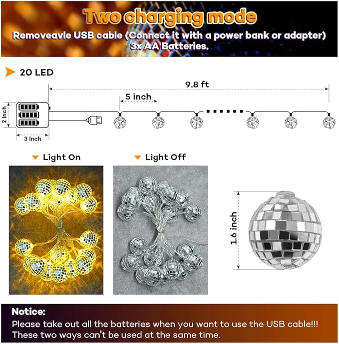 AceList 20 LED Disco Ball String Light for Mamma Mia 70s 80s 90s Dance Party, Disco Ball Decor Battery Powered and USB Plug Disco Lights for Christmas Tree Holiday Window Decorations Indoor (Yellow)