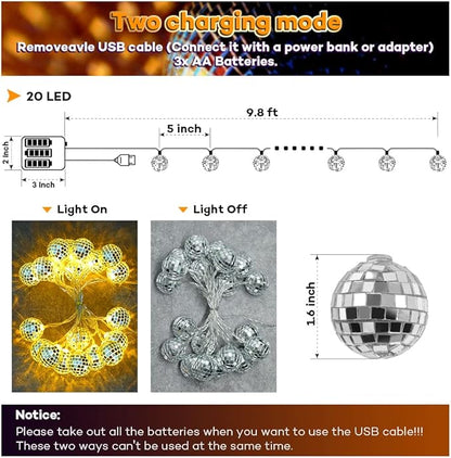 AceList 20 LED Disco Ball String Light for Mamma Mia 70s 80s 90s Dance Party, Disco Ball Decor Battery Powered and USB Plug Disco Lights for Christmas Tree Holiday Window Decorations Indoor (Yellow)