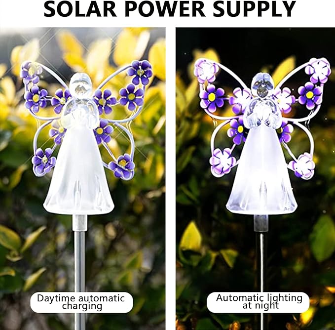 2pcs Fairy Garden Ornaments Outdoor Solar Pathway Lights, Flower Fairy Resin Figurine Lamp for Courtyard Lawn, Commemorate Gift (Purple)