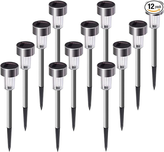 Solar Lights Outdoor, 12Pack Stainless Steel Outdoor Solar Lights - Waterproof, LED Landscape Lighting Solar Powered Outdoor Lights Solar Garden Lights for Pathway Walkway Patio Yard & Lawn-Cool White