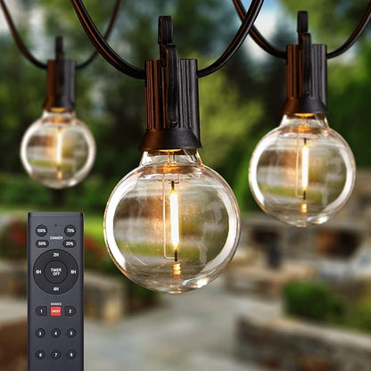 Brightown Outdoor String Lights with Remote, 2 Packs Each 38Ft 15 LED Patio Lights Outdoor Waterproof, String Lights for Outside, Dimmable Hanging Lights for Porch Balcony Bistro Cafe